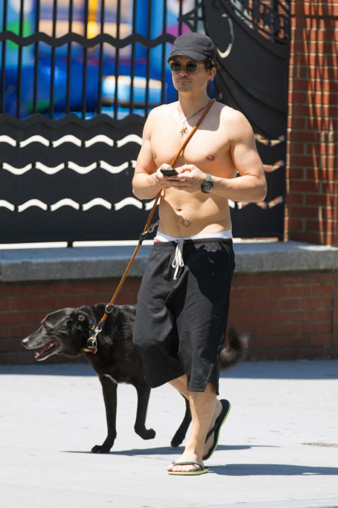 Orlando Bloom, con perro y sin camiseta