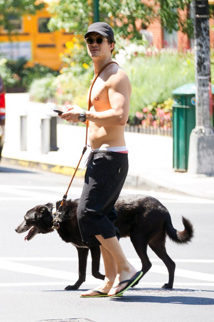 Orlando Bloom, con perro y sin camiseta