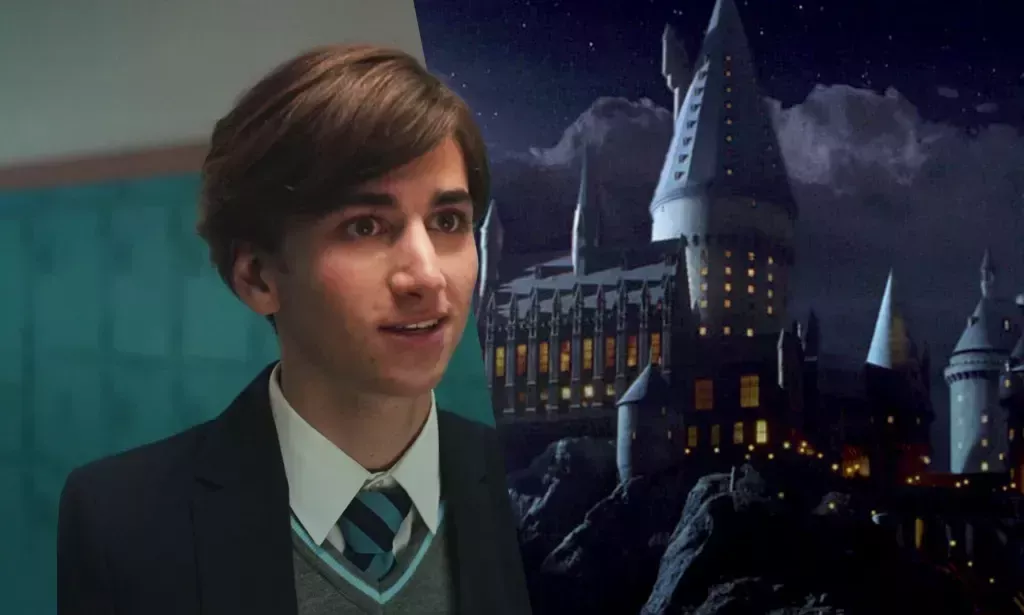 Collage of Sebastian in school uniform (from Heartstopper) and the Hogwarts castle