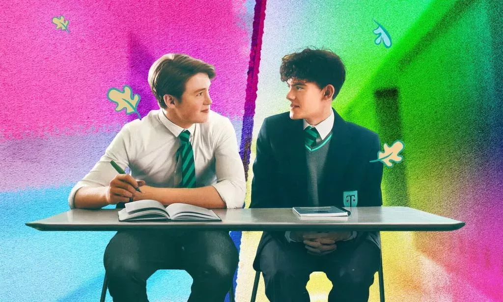 A composite image showing actors Kit Connor and Joe Locke from Netflix's Heartstopper superimposed against rainbow pride colours.