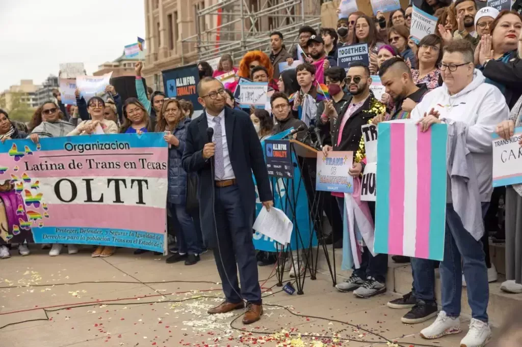 LGBTQ+ advocates rally together in support of trans rights as Republican lawmakers in Texas try to push back on the trans community and access to gender-affirming healthcare for trans youth in the state