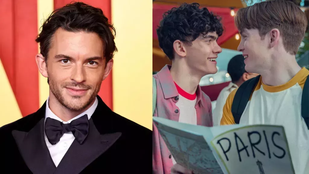 A picture of Jonathan Bailey (left) next to a picture of Joe Locke and Kit Conner as Charlie and Nick in Heartstopper season 2