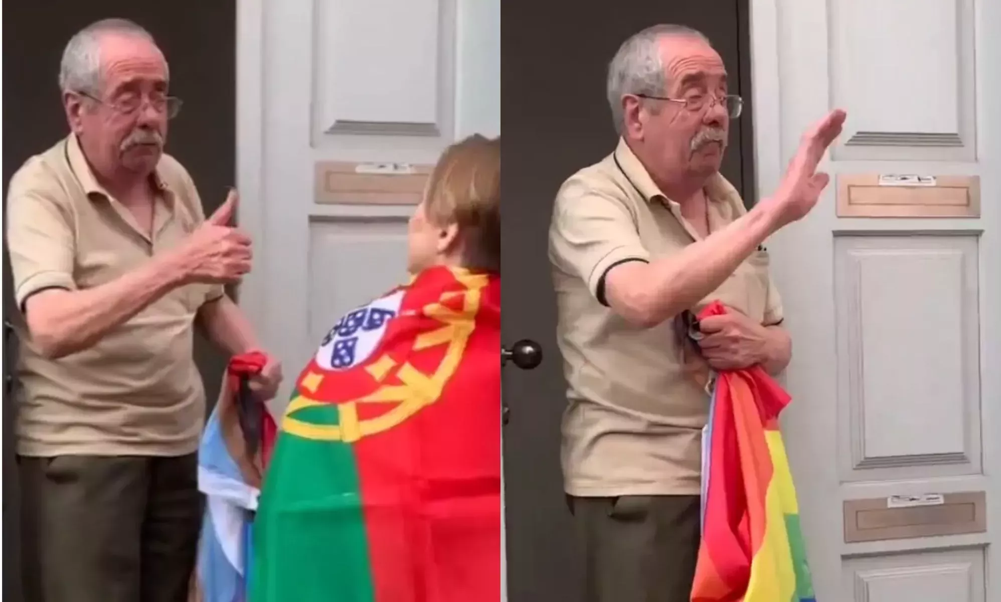 Un anciano pide su propia bandera del Orgullo cuando el desfile pasa por delante de su puerta en un emotivo vídeo