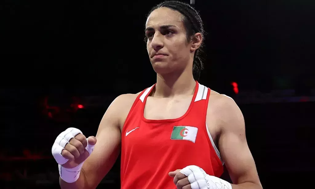 Algerian boxer Imane Khelif, pictured in her boxing outfit at the Paris 2024 Olympics