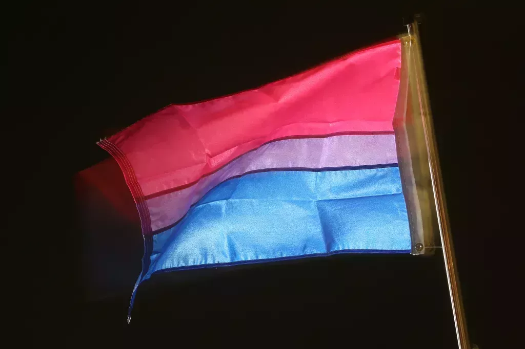 A bisexual pride flag waving in the wind