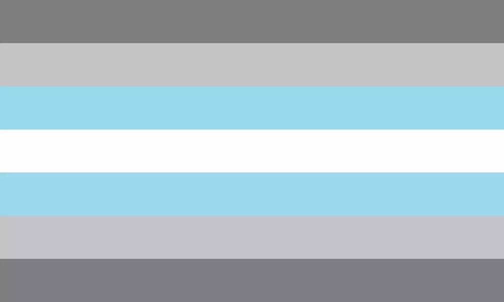 The demiboy flag has 7 stripes: the colours are grey, light grey, pastel blue, white, pastel blue, light grey and grey.