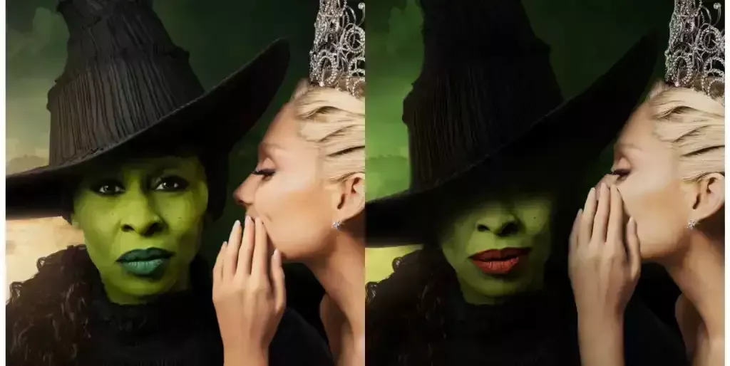 Cynthia Erivo and Ariana Grande in the original Wicked poster (left) and in a fan-made edit where her face is obscured