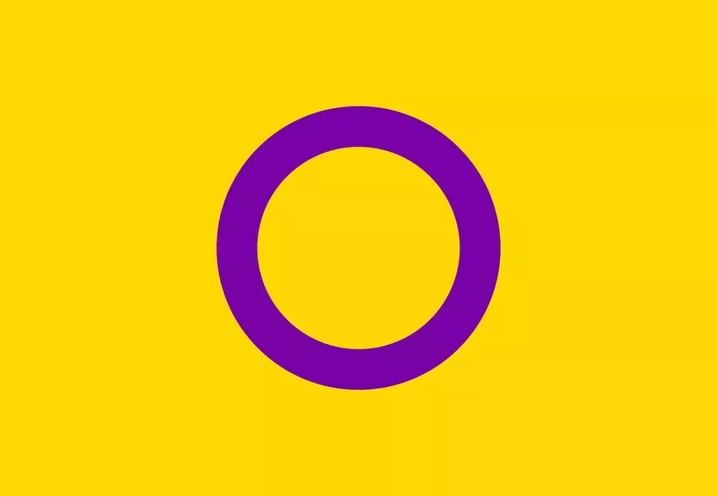 Colores de la bandera Orgullo Intersex de amarillo con un círculo morado en el centro