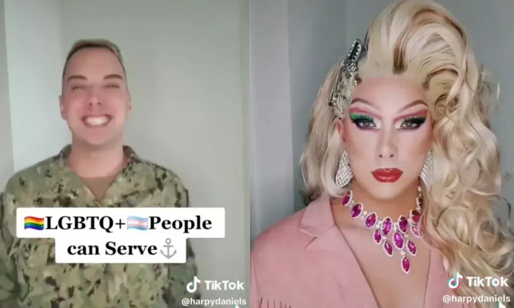 Side by side images of Yeoman 2nd Class Joshua Kelley in a US Navy uniform and Kelley's drag queen persona Harpy Daniels in a pink outfit