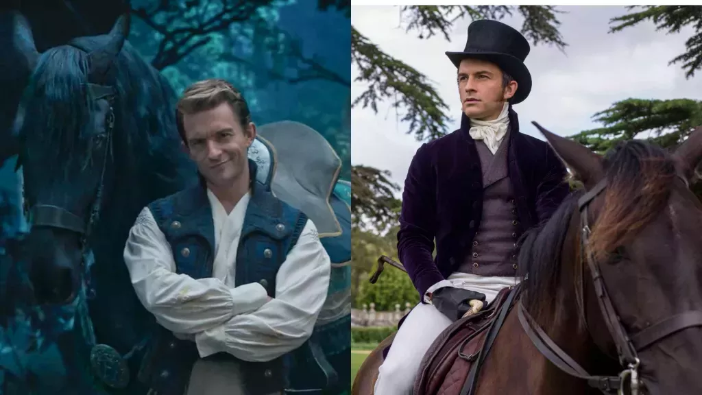 Jonathan Bailey junto a Jack el caballo en Wicked y montado en Jack en Bridgerton