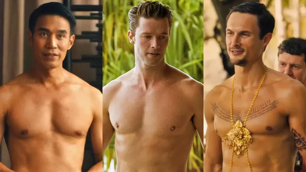 Dom Hetrakul; Patrick Schwarzenegger; Arnas Fedaravicius en 'The White Lotus' temporada 3.