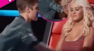 Christina Aguilera y la cara de asco a Justin Bieber por besarle